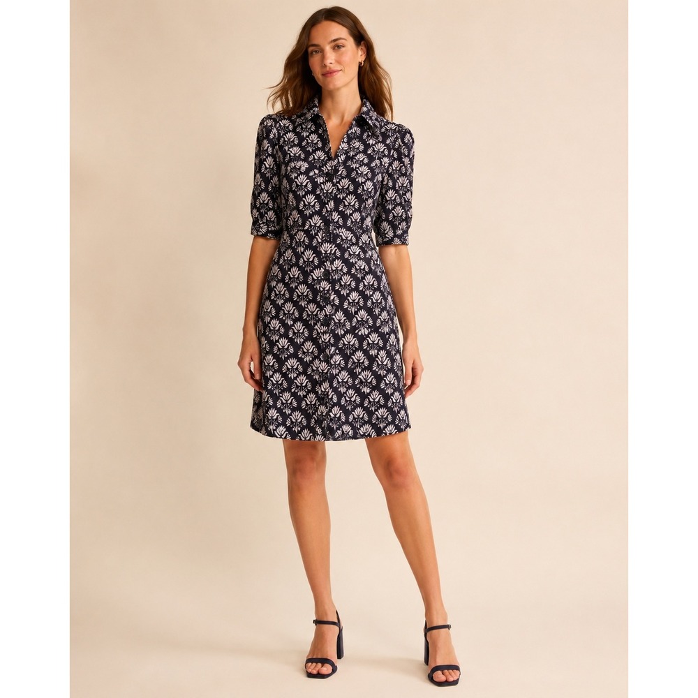 Boden Floral Cotton Jersey Shirt Dress Puff Sleeve Button Down US 4R